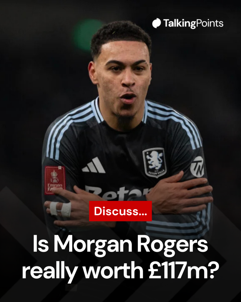Image of Morgan Rogers celebrating during an Aston Villa game, overlaid a question about his price tag
