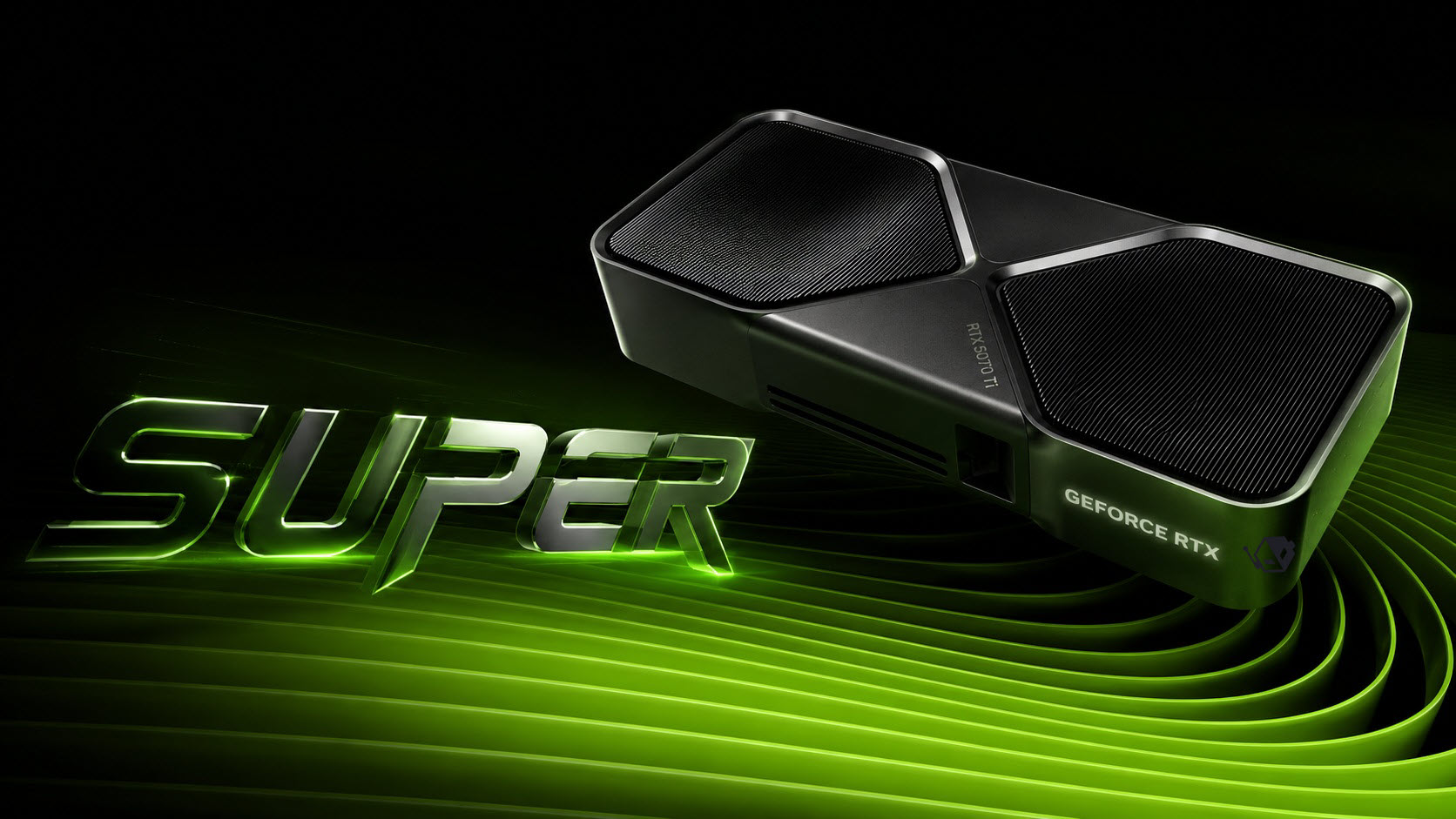A GeForce RTX 5090 Ti graphics card next to the glowing text 'SUPER' on a green background.