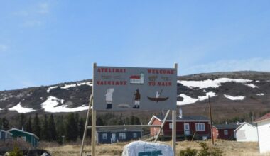 A sign welcomes people to the Inuit community of Nain in Labrador.