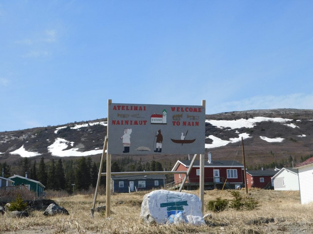 A sign welcomes people to the Inuit community of Nain in Labrador.