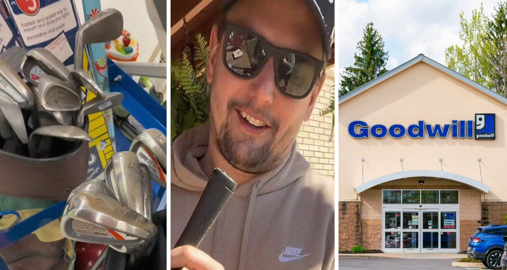golf clubs (l) woman surprises husband with golf club set (c) Goodwill storefront (r)