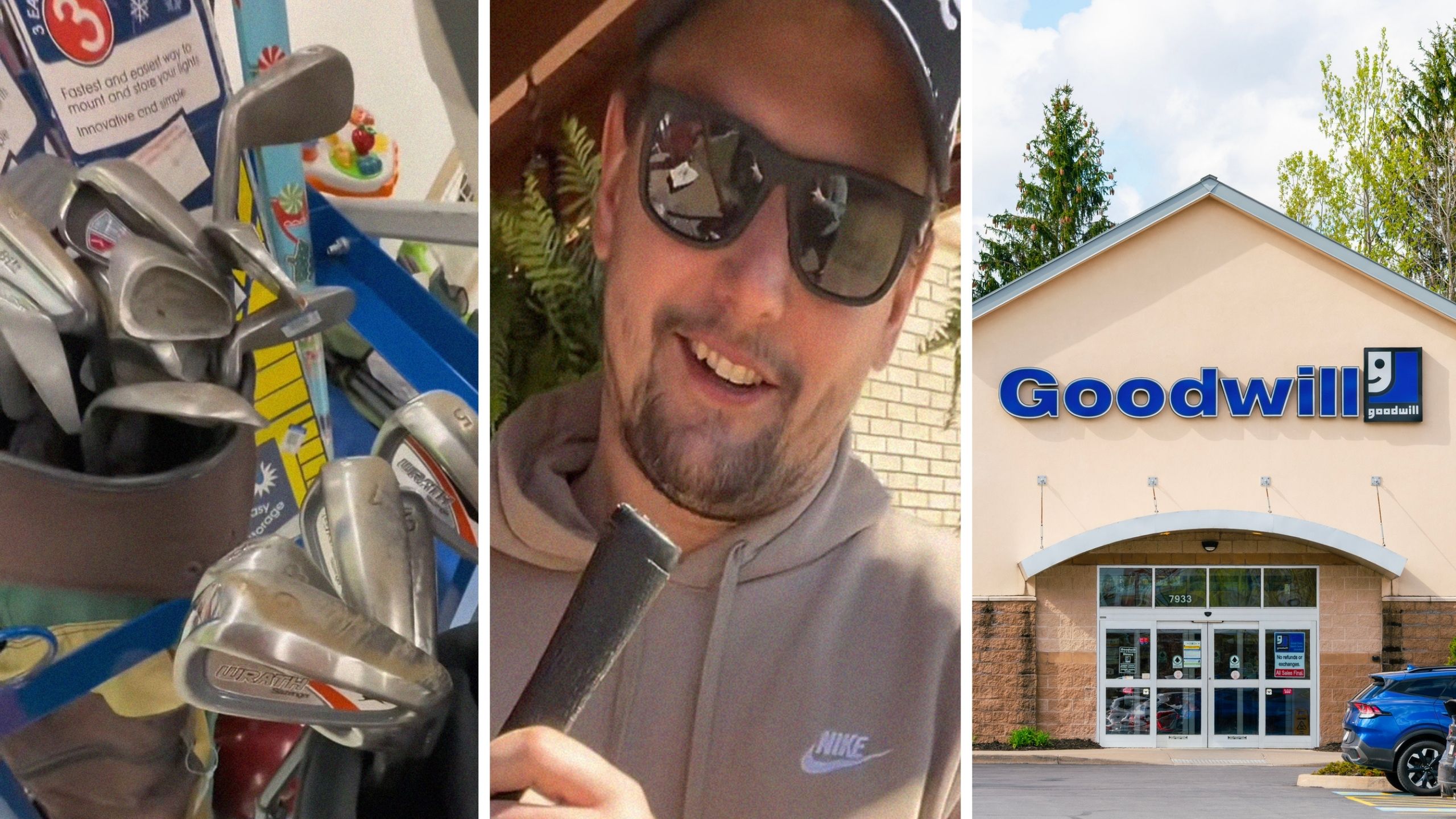 golf clubs (l) woman surprises husband with golf club set (c) Goodwill storefront (r)