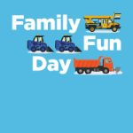A yellow truck, two blue plows and a red truck. Also, the words Family Fun Day.