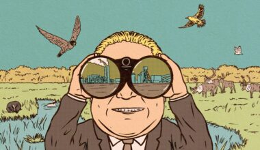 A landscape of a wetland in Ontario with Doug Ford looking through binoculars to an industrial building