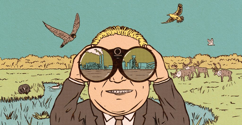 A landscape of a wetland in Ontario with Doug Ford looking through binoculars to an industrial building