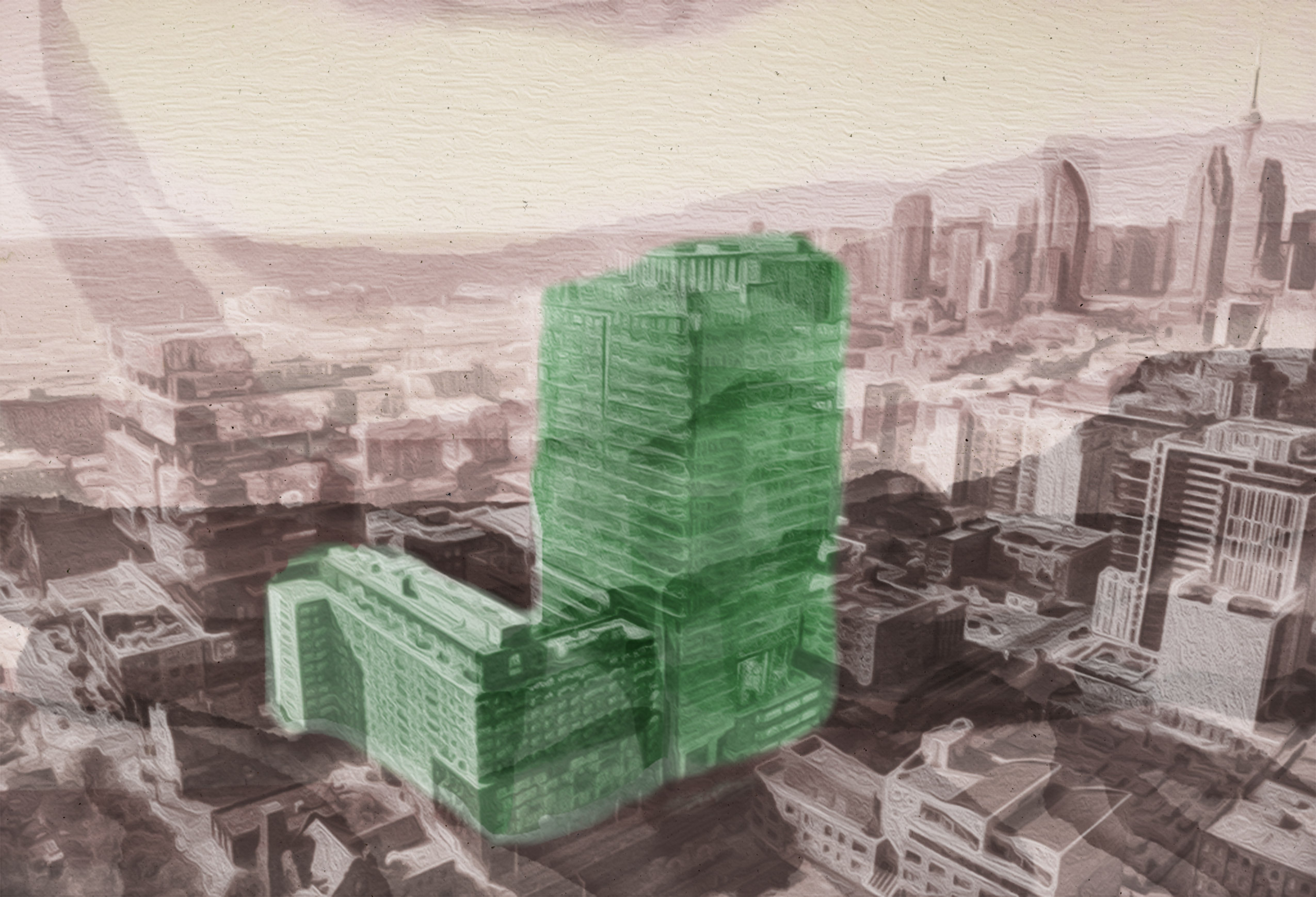 An illustration of Toronto with one building coloured green to represent climate-resilient construction