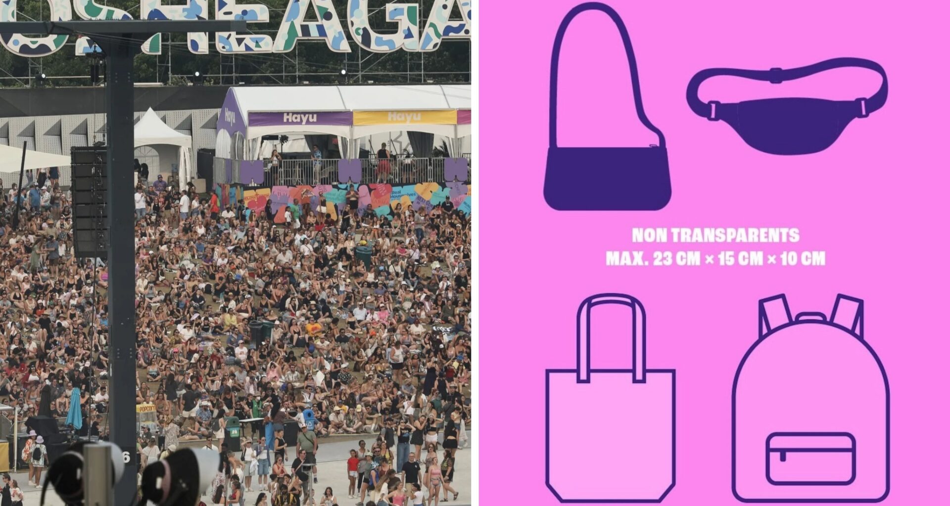 Two-panel image. On left, a large crowd at a music festival. On right, a screenshot of a infographic showing which types of bags are allowed at a music festival