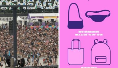 Two-panel image. On left, a large crowd at a music festival. On right, a screenshot of a infographic showing which types of bags are allowed at a music festival