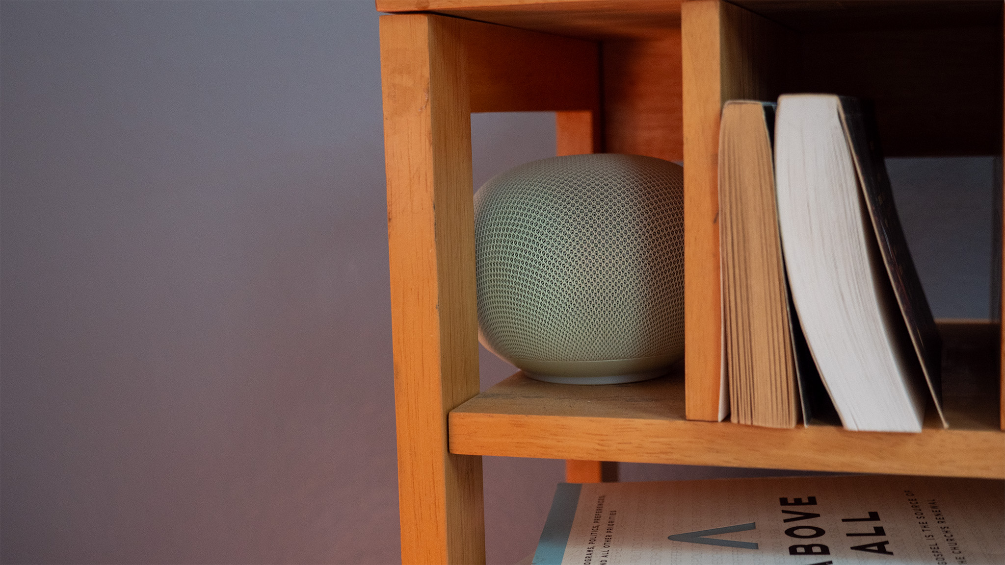 A Jade Google Home Speaker nestled into a bookshelf