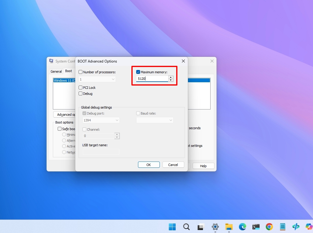Windows 11 desktop with System Configuration opened in the BOOT Advanced Options settings.