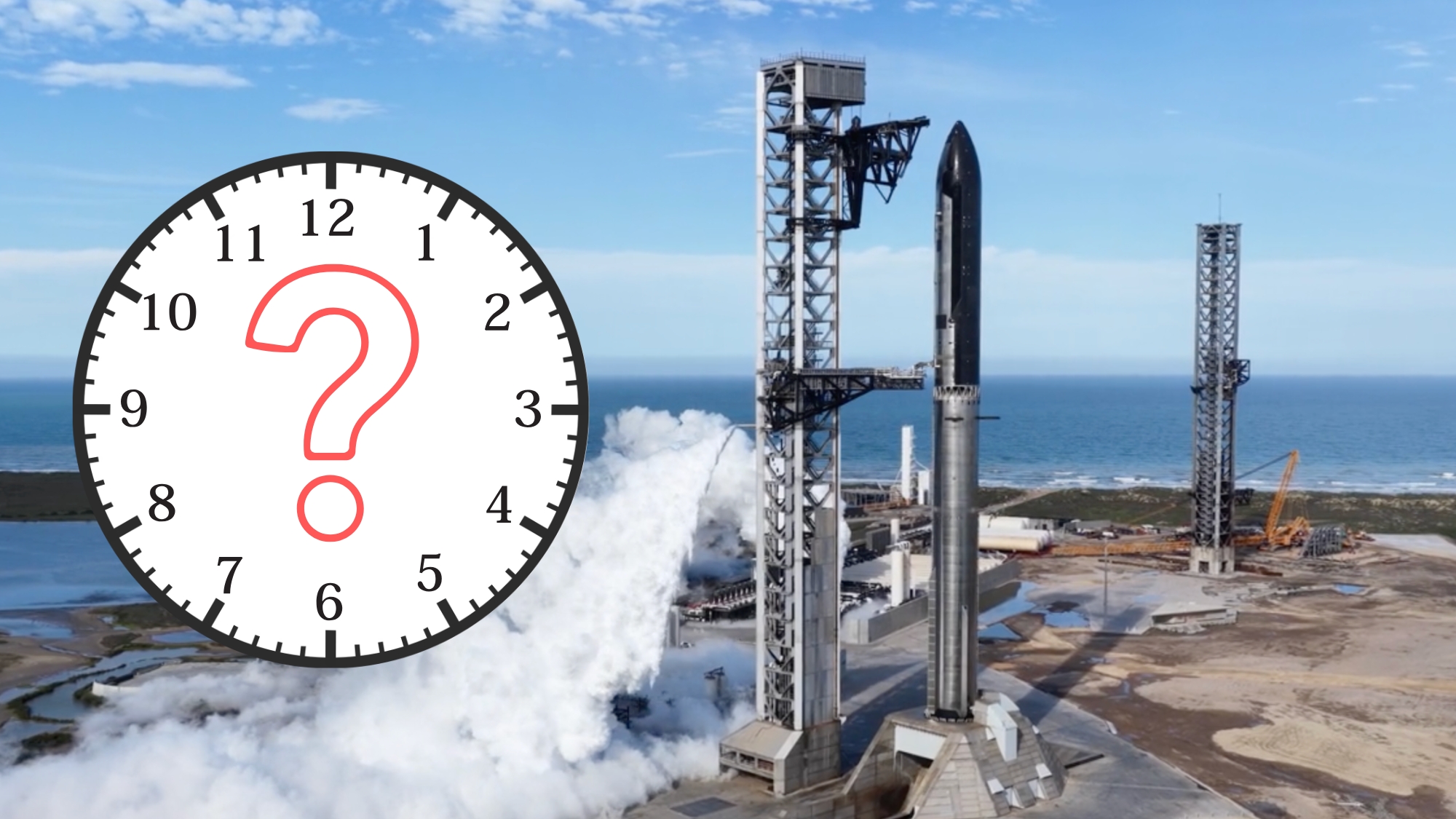 a huge rocket on the launch pad on the right and a graphic showing a clock with a question mark on the left