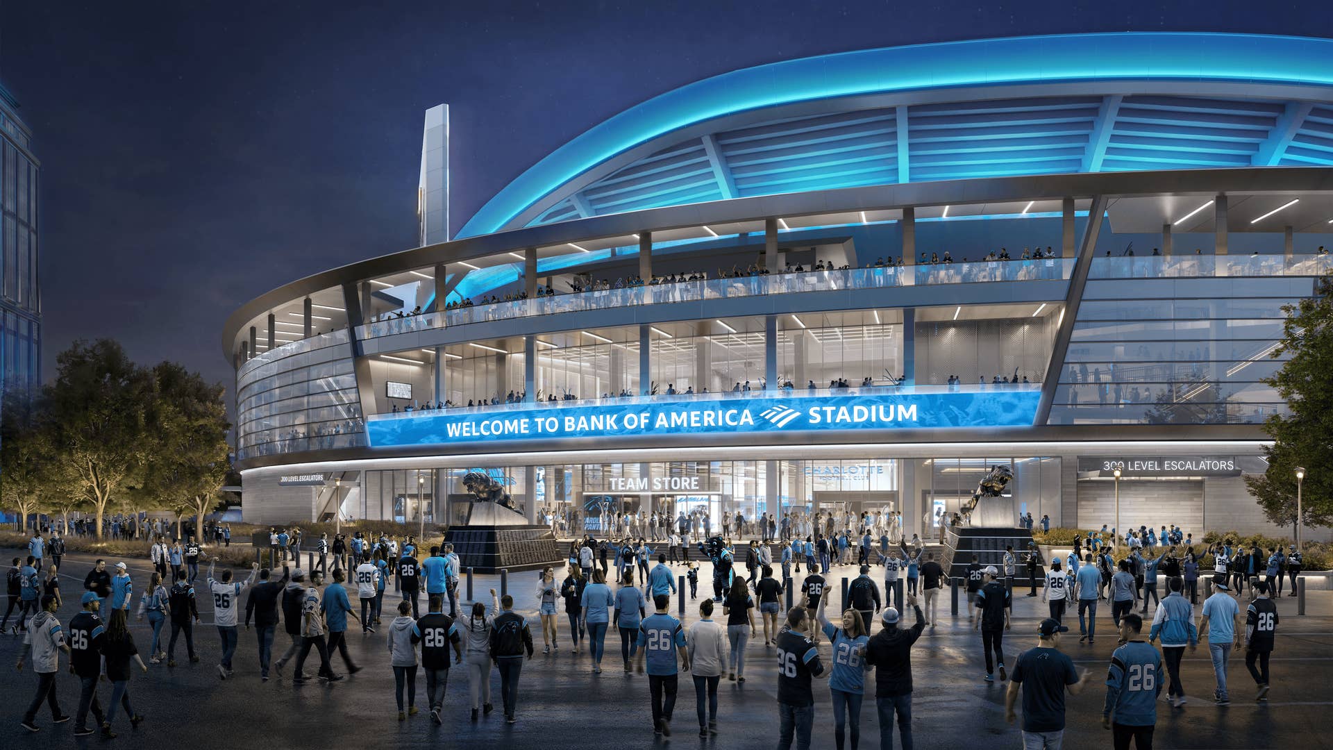 A rendering of outside Bank of America Stadium, which will be undergoing renovations that are expected to be completed by 2030.
