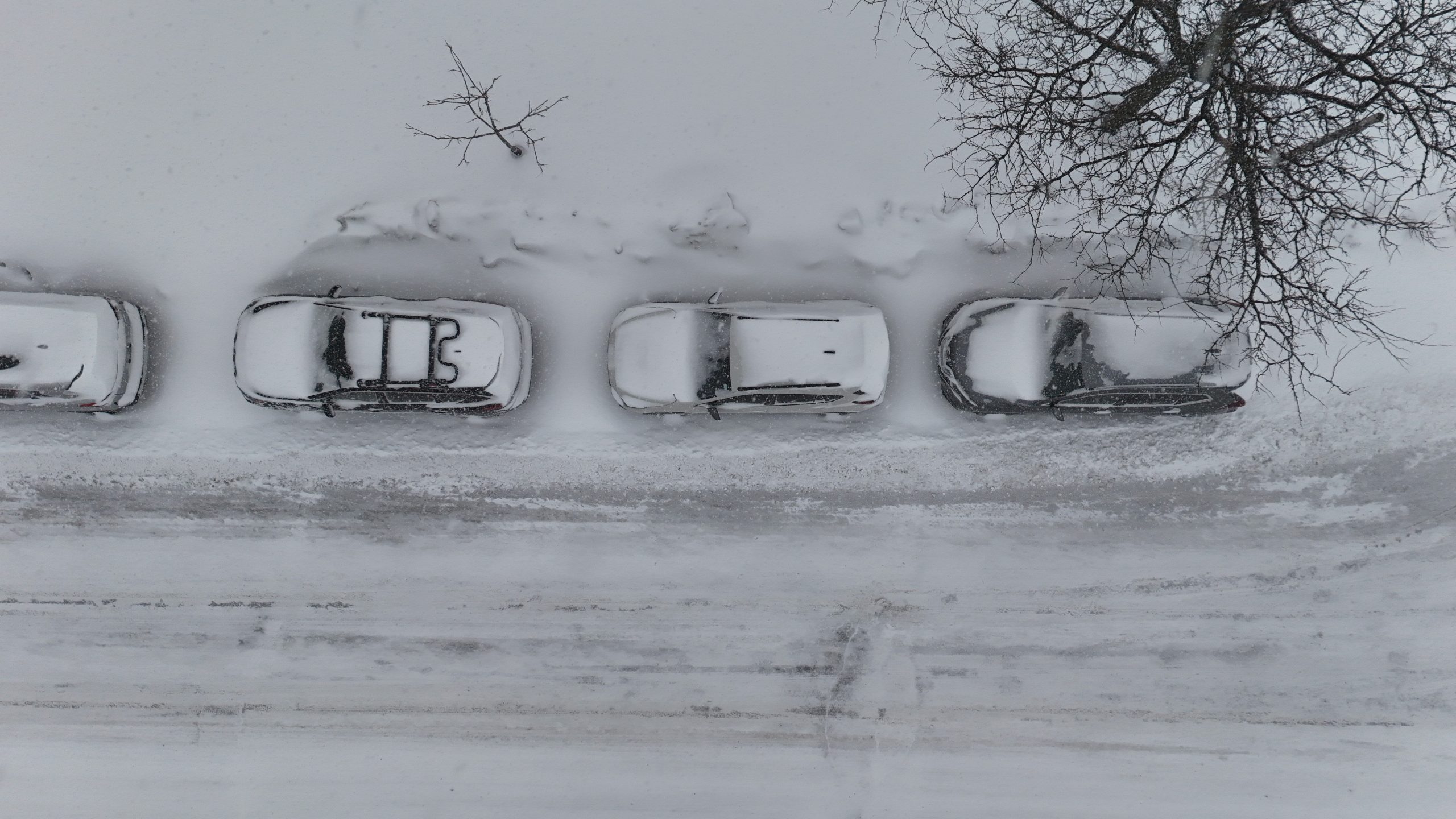 Cars parked on the side of the road, surrounded by snow.