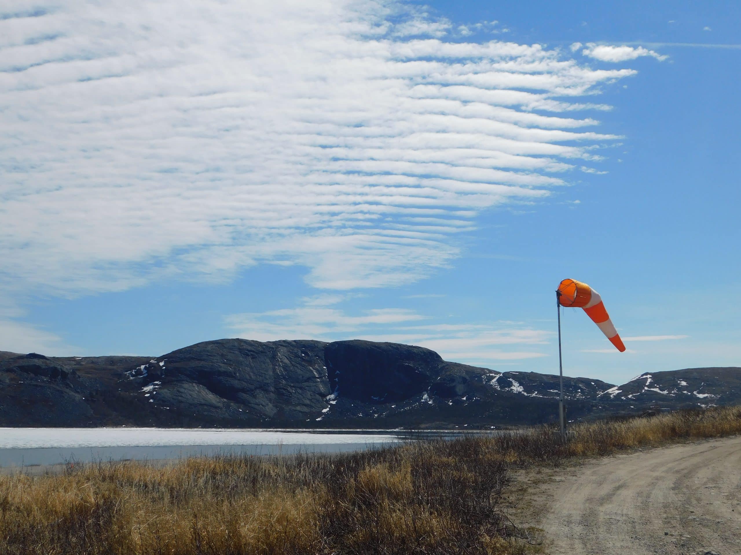 A windsock hangs in the wind at the airstrip in Nain, Labrador.