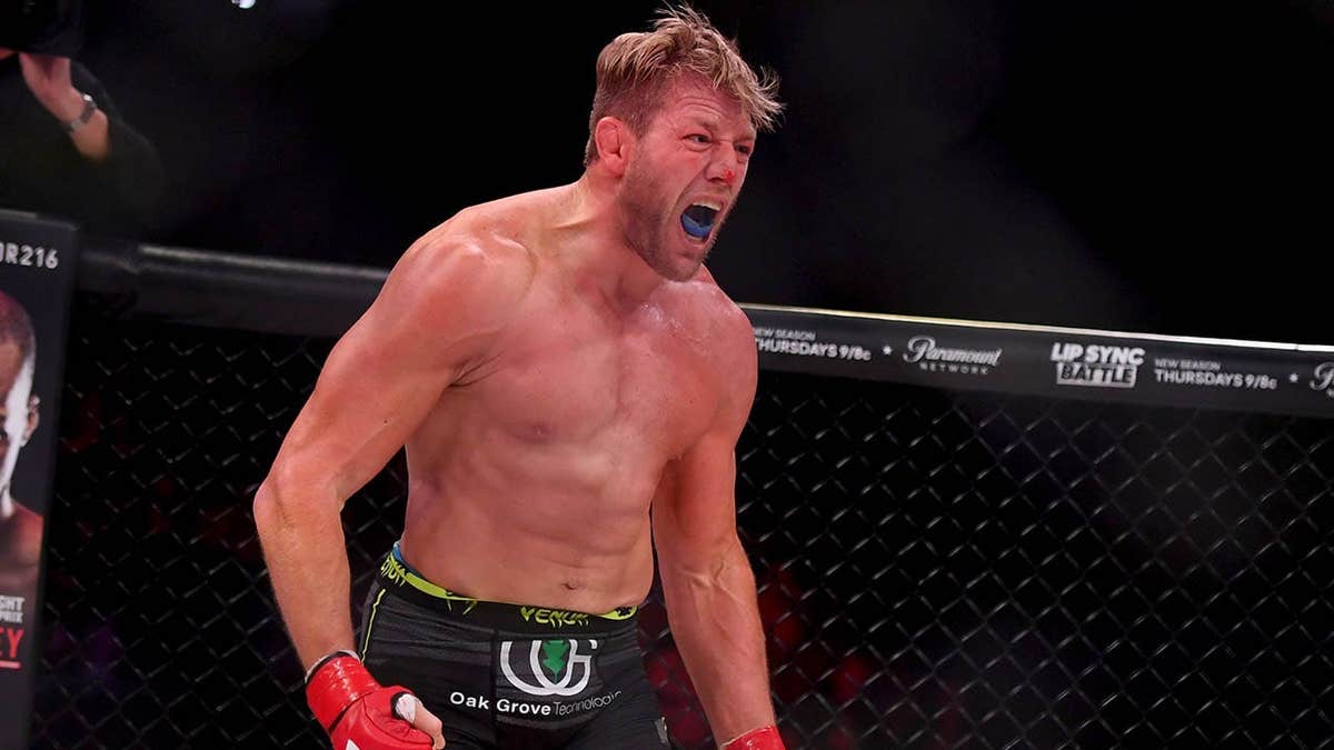 Jake Hager grapples with J.W. Kiser in a Bellator match at the Forum in Inglewood, Calif.