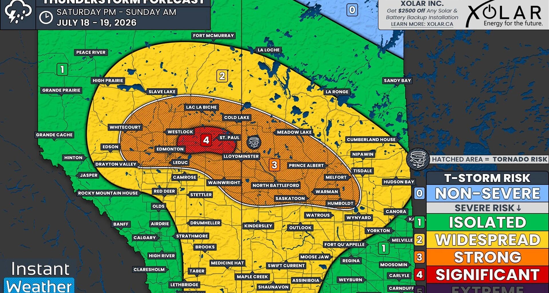 Dangerous Tornadic Supercells Capable of Massive Hail & Destructive Wind Gusts Possible Northeast of Edmonton Saturday; Strong Severe Thunderstorm Risk Extends Across Alberta & Saskatchewan
