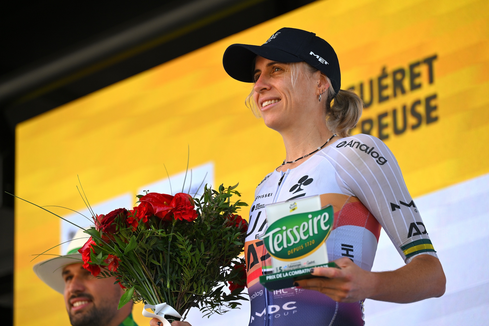 Brodie Chapman (UAE Team ADQ )on the podium as most combative rider prize winner during stage 5 of the Tour de France 2025 (Photo by Tim de Waele/Getty Images)