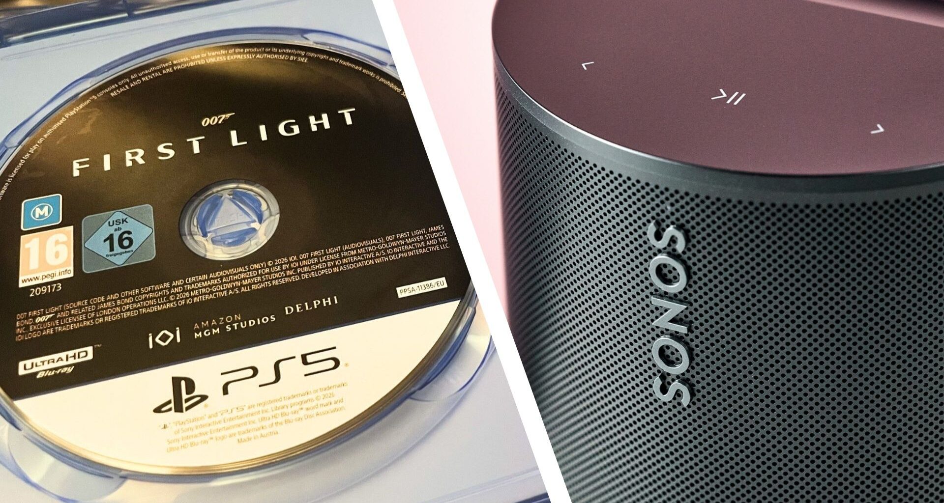 A PS5 disc for 007 First Light on the left, a photo of the Sonos logo on a speaker on the right
