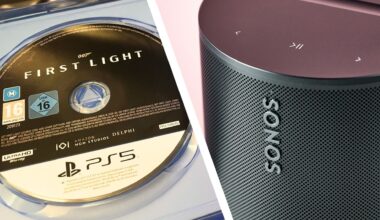 A PS5 disc for 007 First Light on the left, a photo of the Sonos logo on a speaker on the right