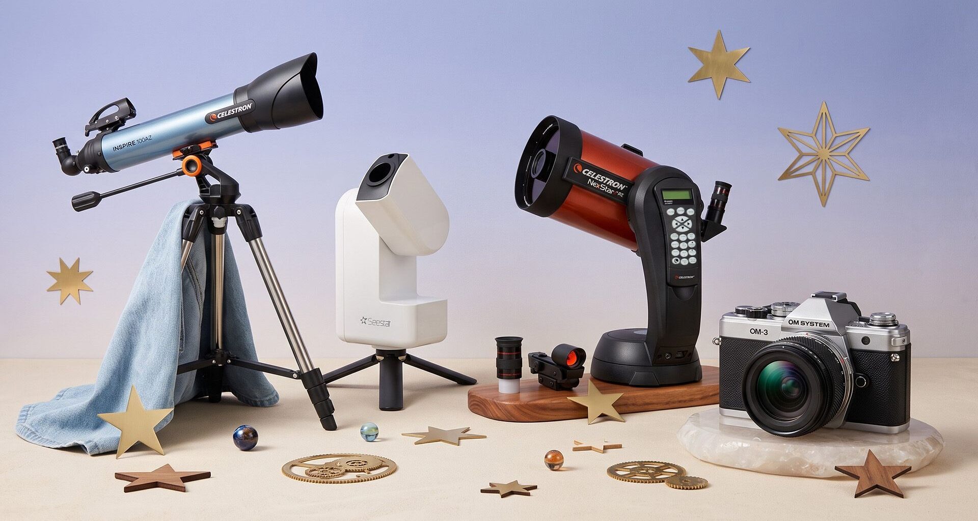 A selection of telescopes and cameras on a pale background.
