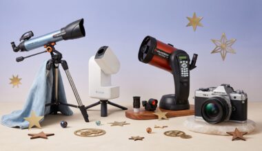 A selection of telescopes and cameras on a pale background.
