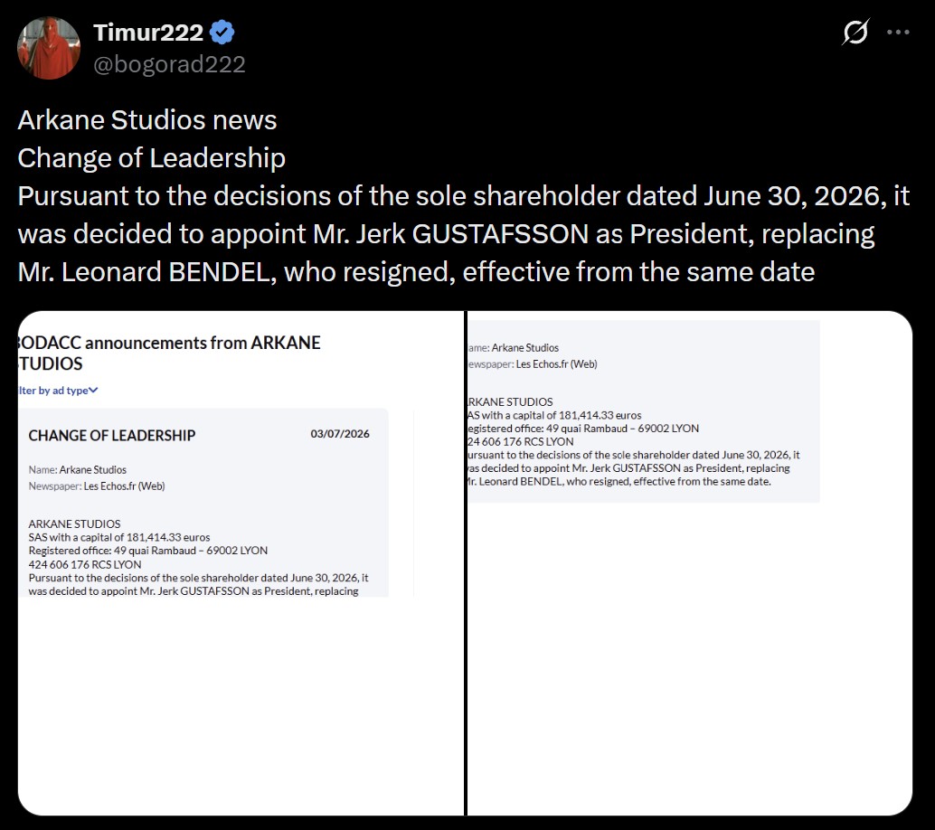 Screenshot showing Arkane Studios' leadership change