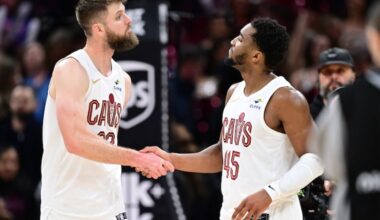 Dean Wade, left, served as a compliment to Cavaliers stars Donovan Mitchell and James Harden.