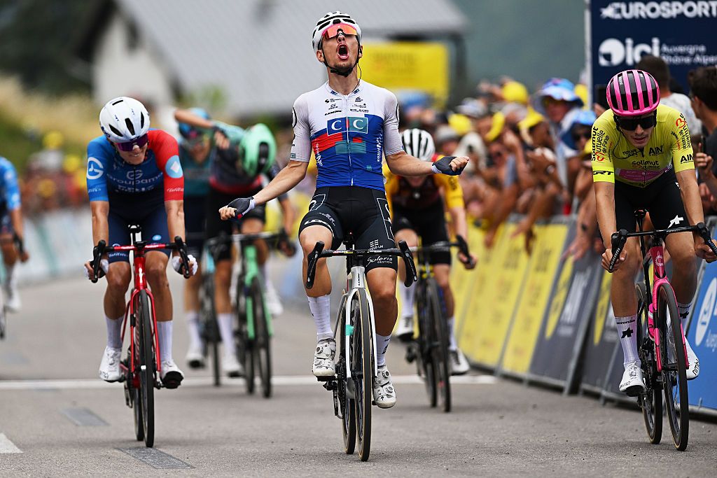 LELEX MONTS-JURA, FRANCE - JULY 30: Axel Mariault of France and Team CIC Pro Cycling Academy celebrates at finish line as stage winner during the 38th Tour de l&amp;apos;Ain 2026, Stage 3 a 131.5km stage from Oyonnax to Lelex Monts-Jura on July 30, 2026 in Lelex Monts-Jura, France. (Photo by Luc Claessen/Getty Images)