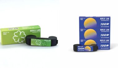 Two sets of film canisters and boxes are shown. On the left, green boxes with a clover design. On the right, blue and yellow sunset-themed boxes stacked with matching film canisters. Both are labeled “Reflx Lab.”.