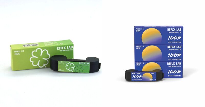 Two sets of film canisters and boxes are shown. On the left, green boxes with a clover design. On the right, blue and yellow sunset-themed boxes stacked with matching film canisters. Both are labeled “Reflx Lab.”.