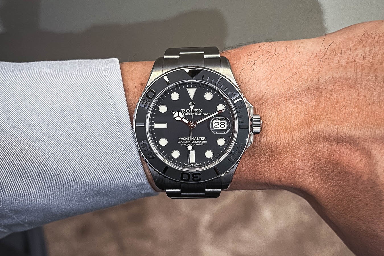 summer watches — Rolex Yacht-Master 42 wrist shot horizontal