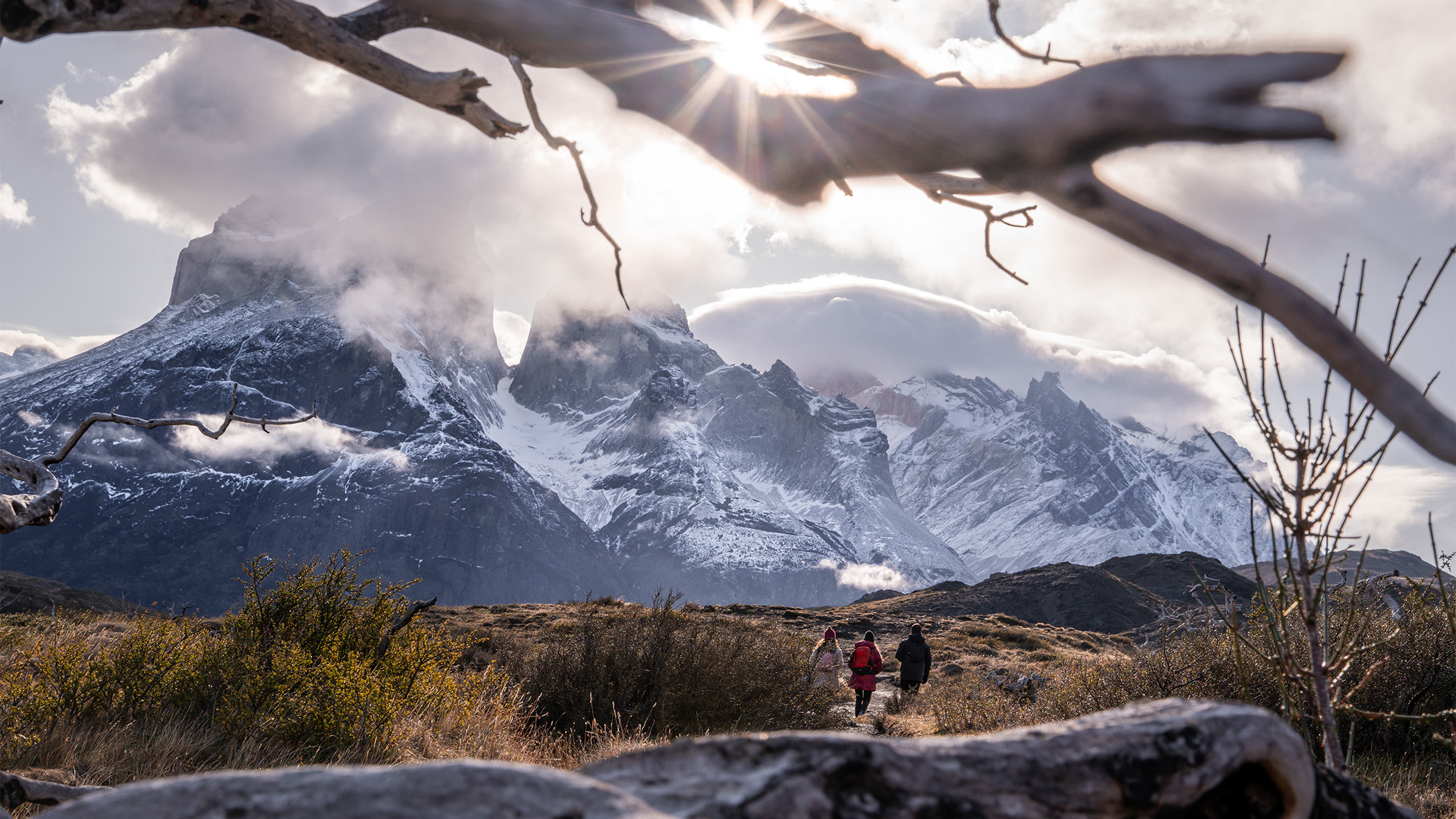 Hikers on trial head towards snow-capped mountains.