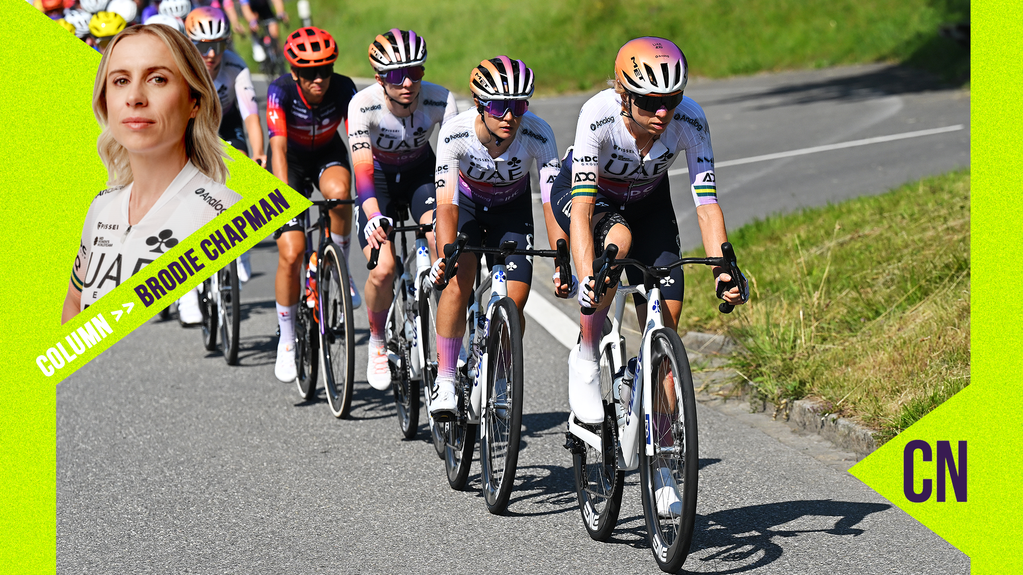 Brodie Chapman leading the peloton at the Tour de Suisse 2026, with her profile photo overlaid on the left.