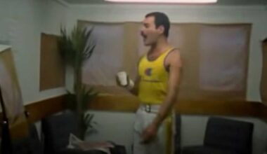 Freddie Mercury singing in a backstage portakabin