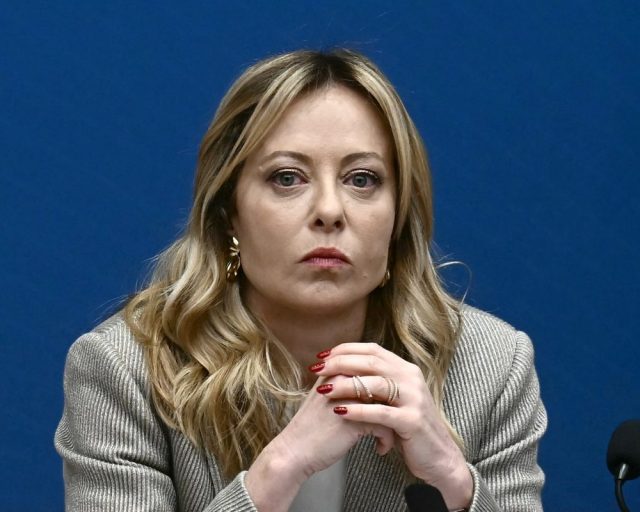 Italy's Prime Minister, Giorgia Meloni faces journalists during the New Year press conference in Rome on January 9, 2026. (Photo by Filippo MONTEFORTE / AFP via Getty Images)