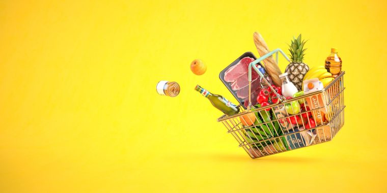 Shopping basket full of grocery products, food and drink on yellow background. 3d illustration