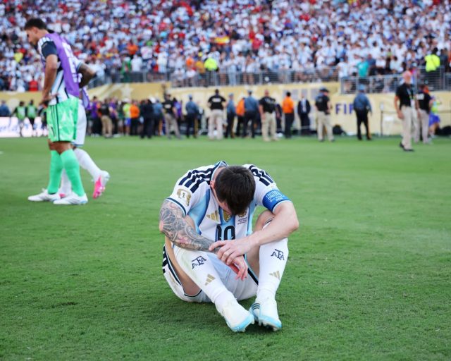 EAST RUTHERFORD, NEW JERSEY - JULY 19: Lionel Messi #10 of Argentina reacts after the 0-1 loss during the FIFA World Cup 2026 Final match between Spain and Argentina at New York New Jersey Stadium on July 19, 2026 in East Rutherford, New Jersey. (Photo by Hector Vivas - FIFA/FIFA via Getty Images)