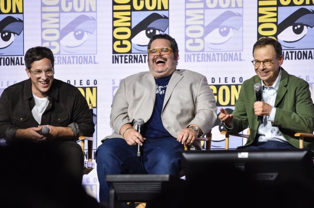 Josh Greenbaum, from left, Josh Gad, and Rick Moranis attend a panel for