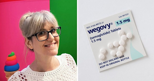 Left: Rachael Narins (head/shoulders only), smiling at the camera; right: A pack of Wegovy tablets (Picture: Rachael Narins / Getty)