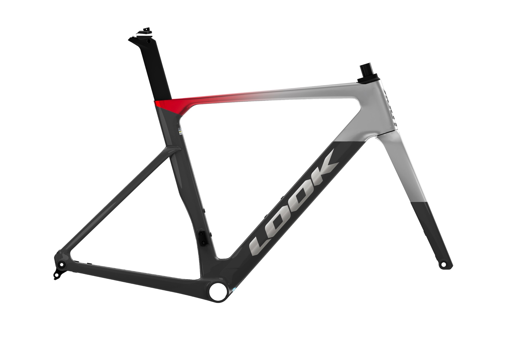 studio image of the LOOK 795 BladeRS 3 frameset in silver/red