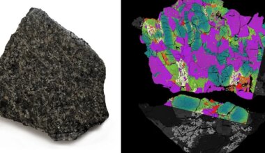 Left: Stardust Mine type specimen; Right: Layered element map of a fragment of Stardust Mine showing the distribution of mineral