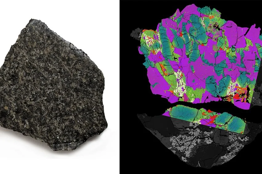 Left: Stardust Mine type specimen; Right: Layered element map of a fragment of Stardust Mine showing the distribution of mineral