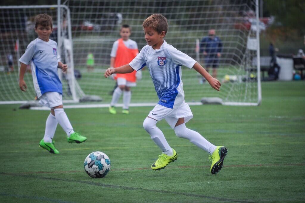 Brandon Velez at age 7, playing for club team NEFC under Coach Kieran Laverty in Lancaster in October 2017. Photo by Michele Martin