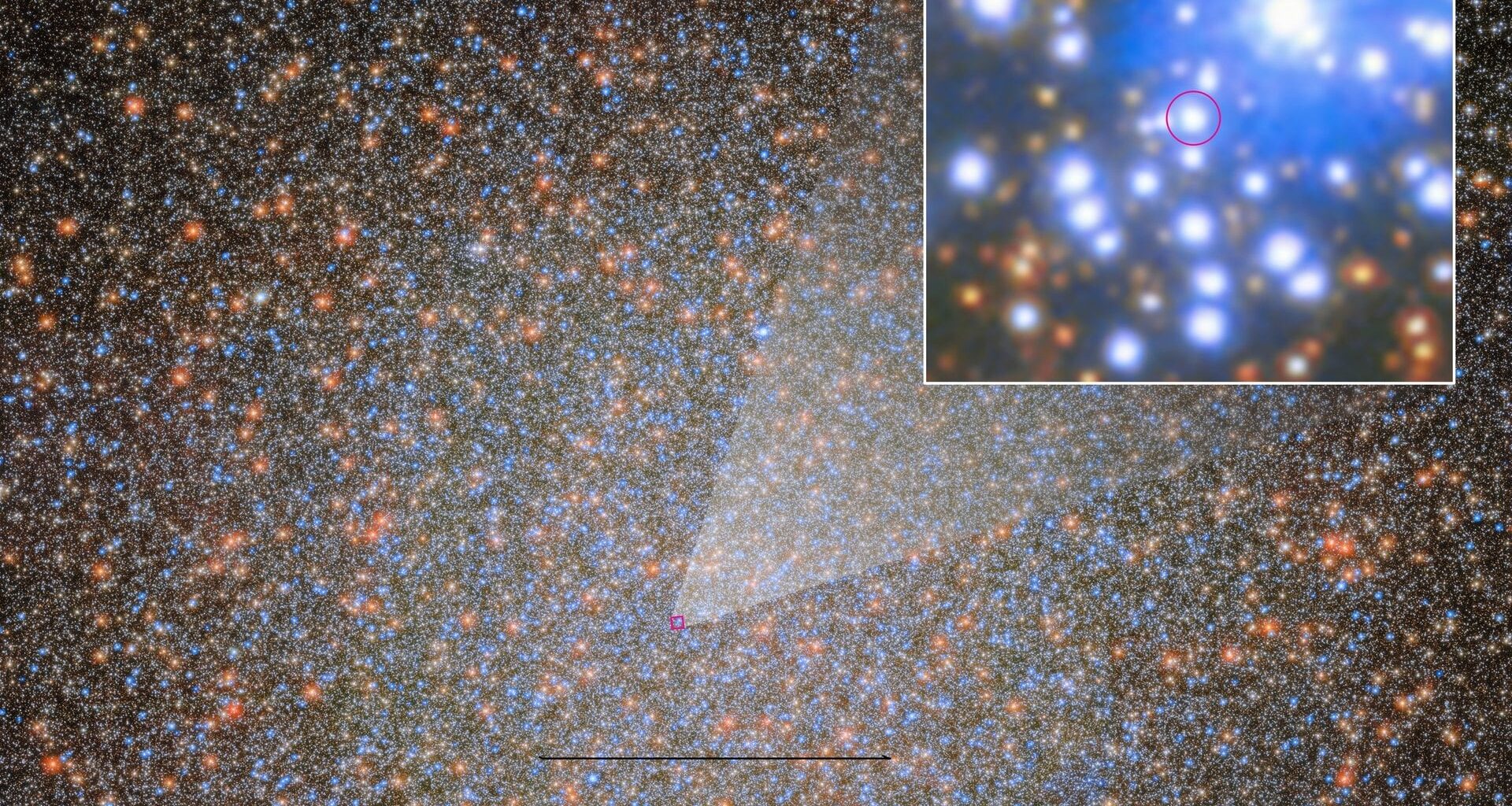Astronomers found Omega Centauri’s first stellar-mass black hole, which has a visible star companion that is shown in greater detail. Credit: ESA/NASA/MPIA/STScI