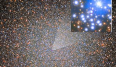Astronomers found Omega Centauri’s first stellar-mass black hole, which has a visible star companion that is shown in greater detail. Credit: ESA/NASA/MPIA/STScI