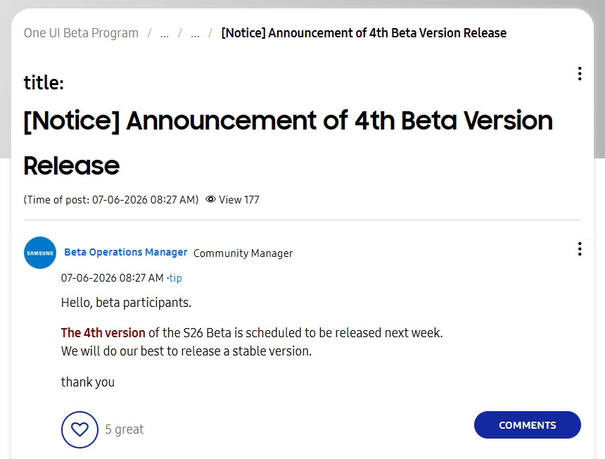 Samsung Community Manager promising One UI 0 beta 4 for Galaxy S26 series Samsung Community Manager promising One UI 0 beta 4 for Galaxy S26 series
