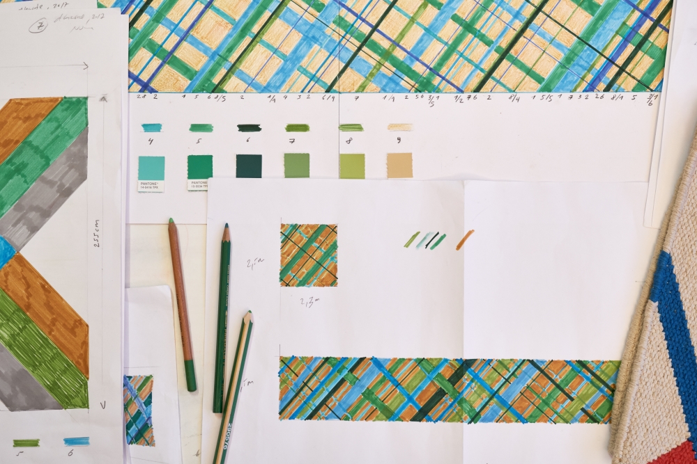 Noureldin works with colored pencil to build spatial density with repeated lines and shifts in color. Photo by Ariel Huber, courtesy of the artist and von Bartha.