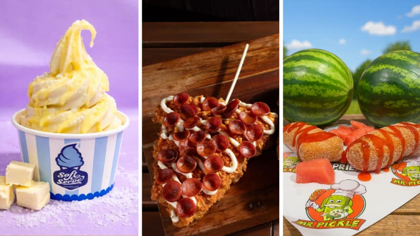 Left to right: Butter melted soft serve, cheesy saddle slice, frozen deep-fried watermelon.