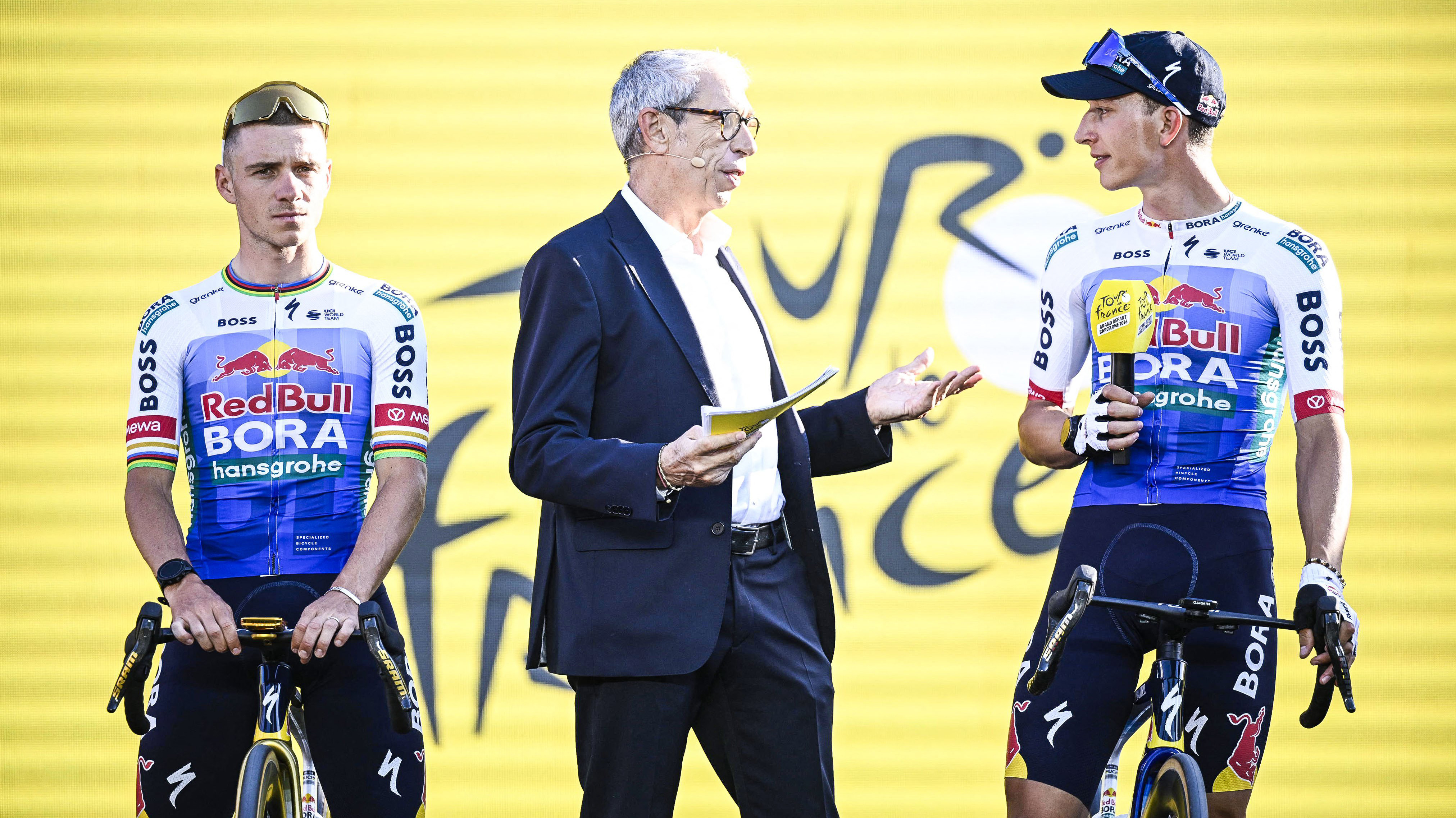 Remco Evenepoel and German Florian Lipowitz of Red Bull-BORA-hansgrohe pictured at the team presentation of the 2026 Tour de France