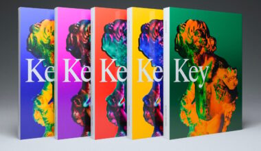 Five books stand upright in a row, each with a vibrant colored cover (blue, purple, red, yellow, green) featuring a bold "Key" title and a multicolored abstract statue-like figure on the front.